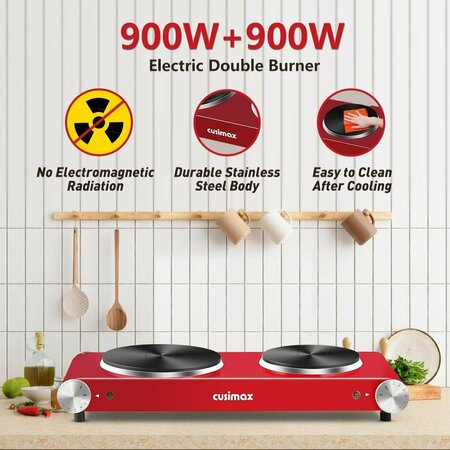 CUSIMAX Double Hot Plate, Cast Iron Electric Stove, Stainless Steel, Black CMHP-B201B